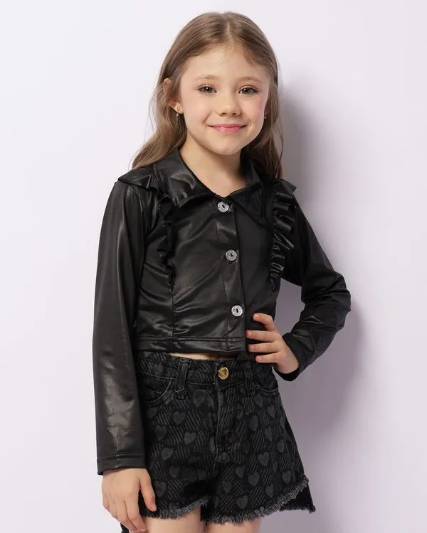 Blusa Infantil Cropped Cirrê Manga Longa Com Babado Preta 8