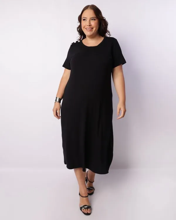 Vestido Plus Size Feminino Midi Com Fenda Aviamento Botões Preto G3