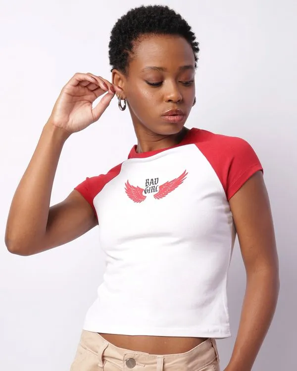 Blusa Feminina Cropped Manga Raglan Estampa Frontal Branca M