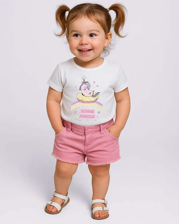 Blusa Bebê Algodão com Estampa Unicórnio Manga Curta Branca 3