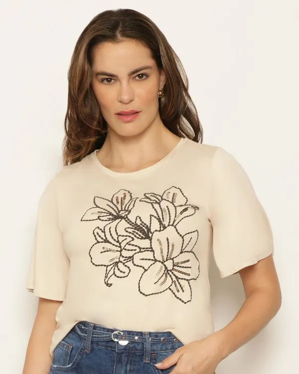 Blusa Feminina Viscose Estampa com Paetê Bege P