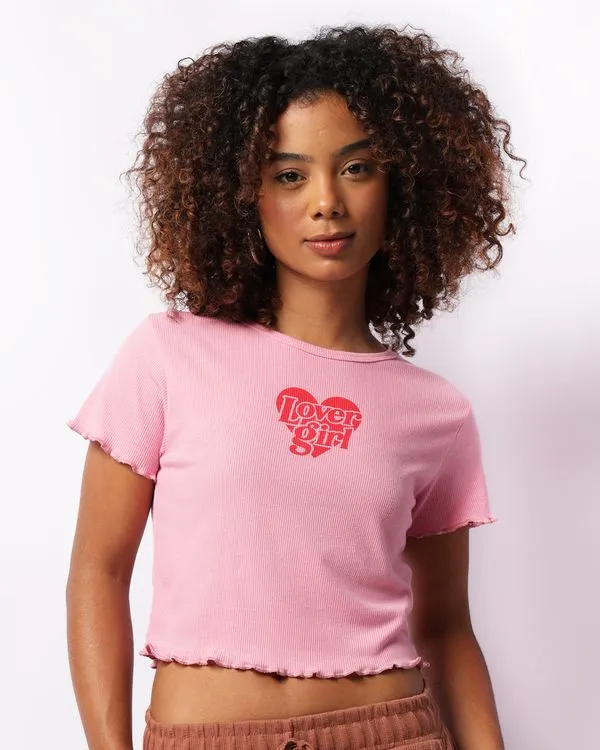 Blusa Feminina Canelada Estampa Coração Manga Curta Babado Rosa G