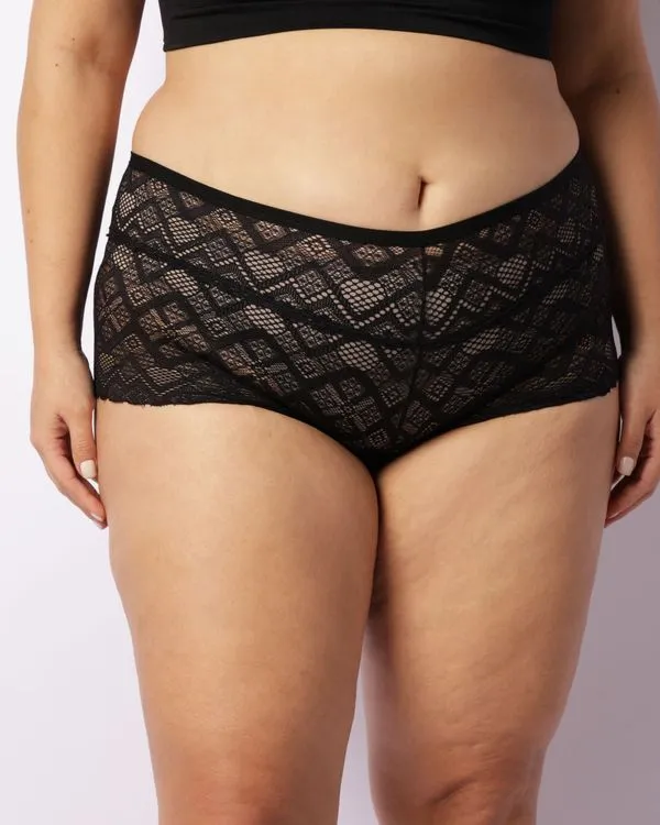 Calcinha Plus Size Feminina Caleçon Cintura Alta Com Renda Preta 52