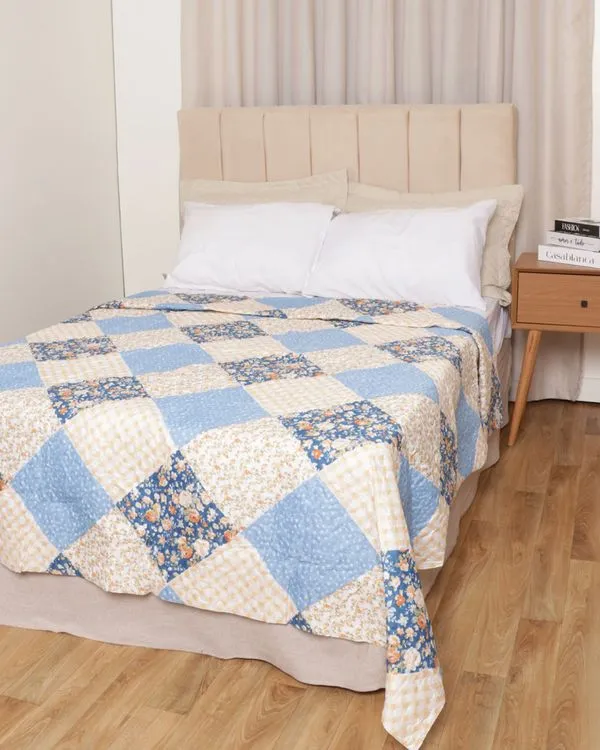 Colcha Casal Arte & Cazza Matelassê Com Viés Estampa Xadrez Azul UN