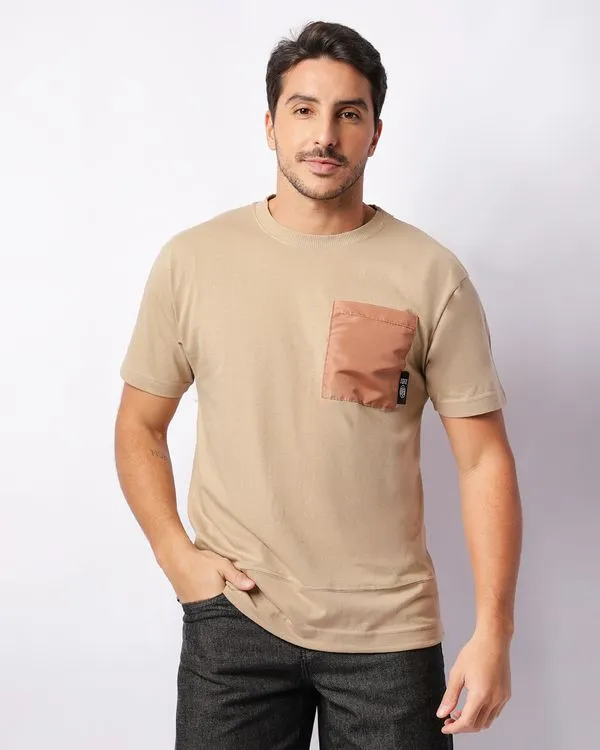Camiseta Masculina Oversized Manga Curta Bolso Cetim Bege G