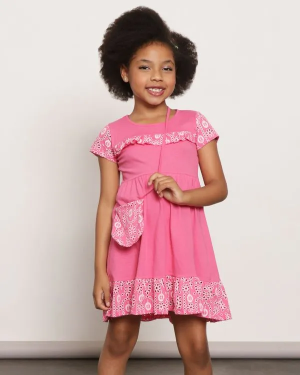 Vestido Infantil Manga Curta Babado Texturizado Floral Rosa 4