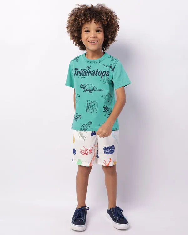 Bermuda Infantil Reta Estampada Dinossauro Branca 10