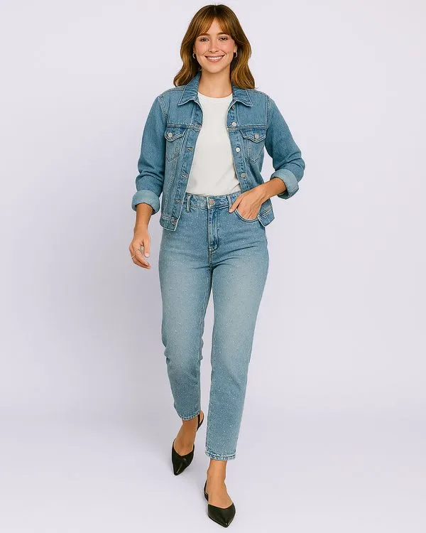 Calça Jeans Feminina Mom com Strass Bolsos Estonada Azul 38