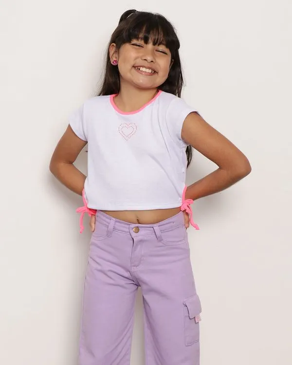 Blusa Infantil Canelada Aplique Strass Manga Curta Branca 4