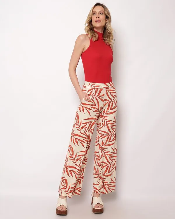 Calça Feminina Pantalona Viscose Estampada Folhagens com Bolsos Bege M