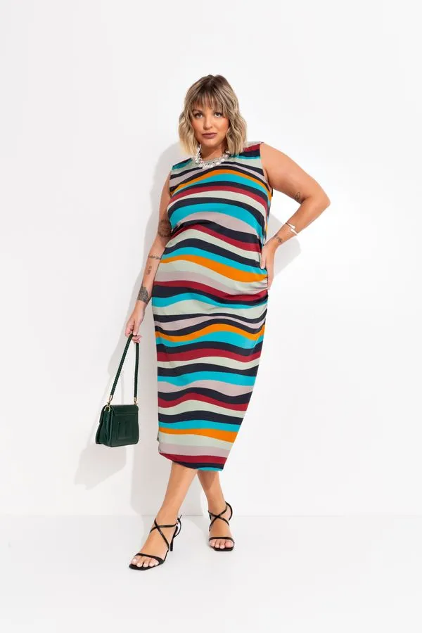Vestido em Malha com Elastano Listrado Irregular Preto GG