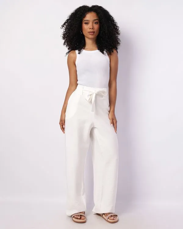Calça Feminina Pantalona Viscose com Bolsos Laço Branca M