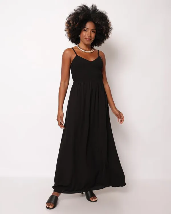 Vestido Feminino Longo Berry & Co.Viscose com Decote V Lastex Preto GG