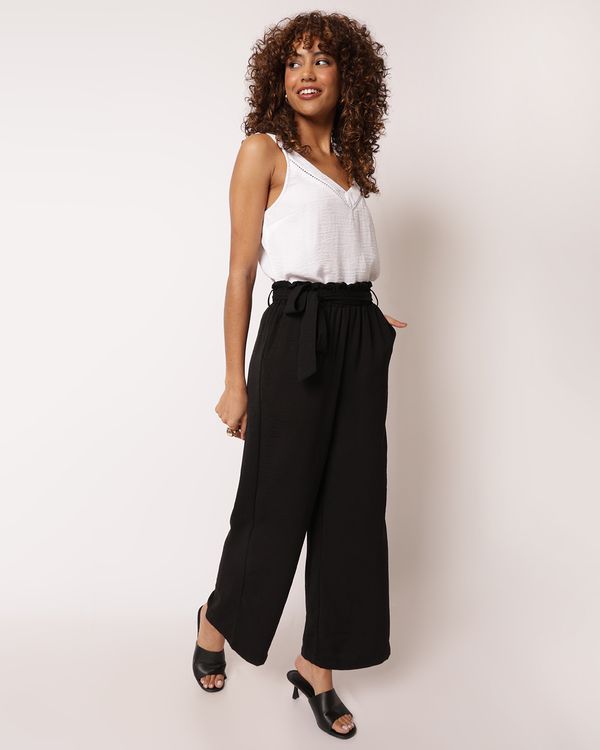 Calça Feminina Pantalona Texturizada Faixas Para Amarração Preta GG