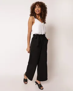 Calça Feminina Pantalona Texturizada Faixas Para Amarração Preta GG