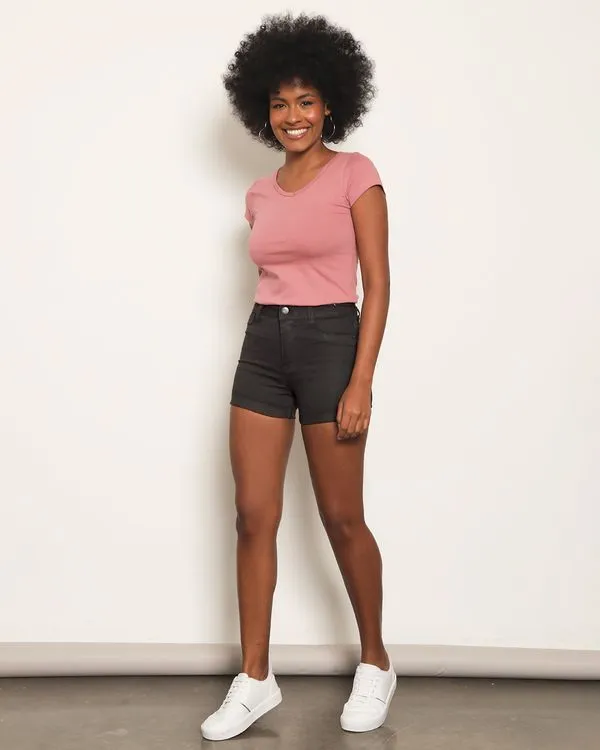 Short Jeans Feminino Curto Barra Dobrada Preta 40