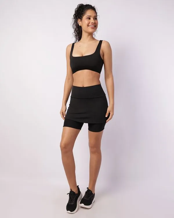 Short Saia Fitness Feminino Curto Bimateria Cós Largo Preto G