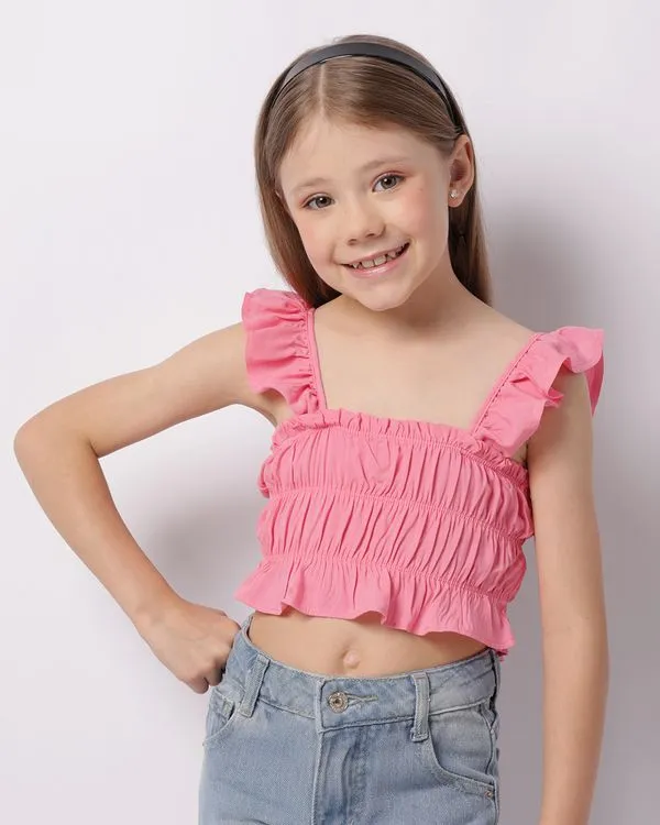 Regata Infantil Cropped Viscose Com Babados Rosa 4