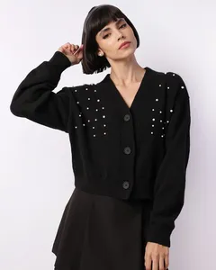Cardigan Feminino Tricô Aplicação Frontal Preto M