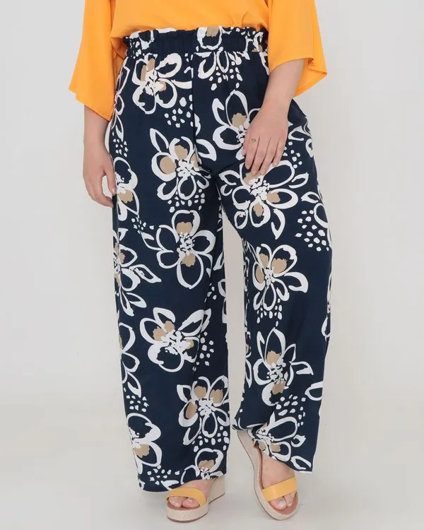 Calça Feminina Plus Size Pantalona Estampa Floral Azul Marinho G2