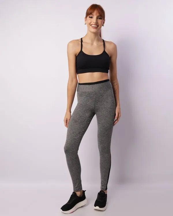 Calça Legging Fitness Feminina Recorte Com Tule Cinza GG