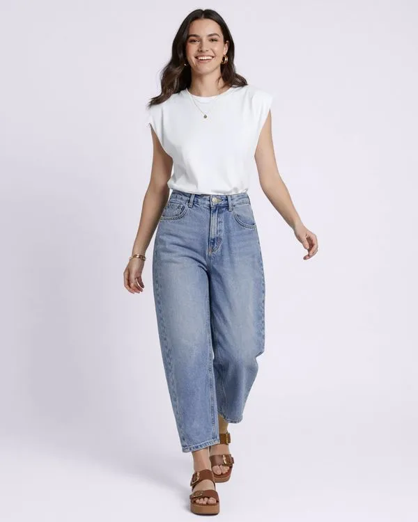 Calça Jeans Feminina Barrel com Bolsos Azul 44