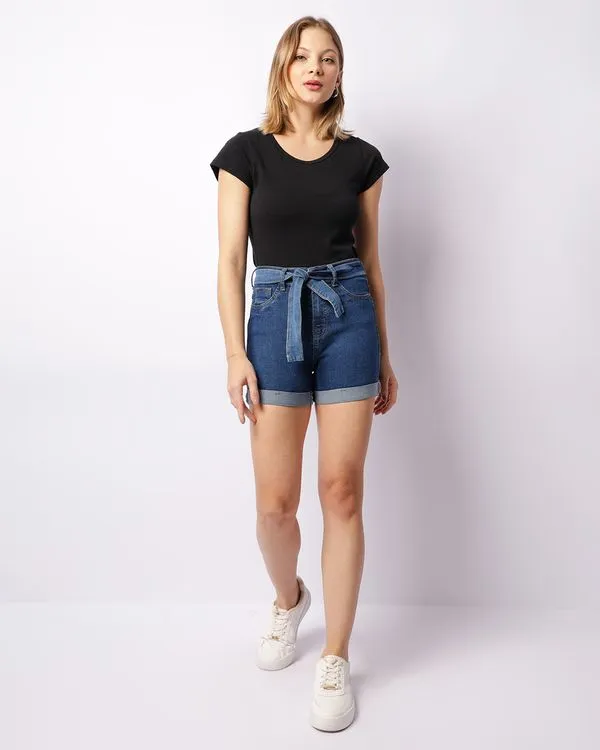Short Jeans Feminino Vizzy Curto com Cinto Azul 42