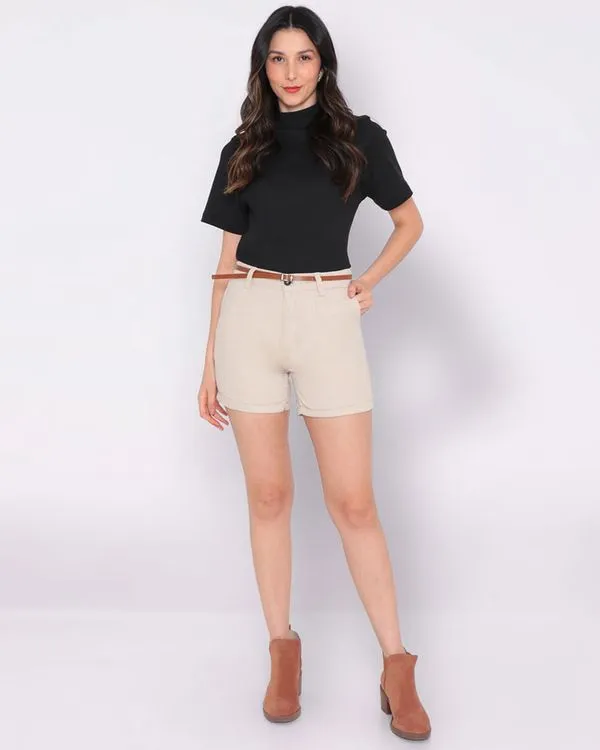 Short Sarja Feminina Cinto Bege Médio 48