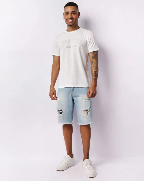 Bermuda Jeans Masculina Barra Desfiada Destroyed Azul 48