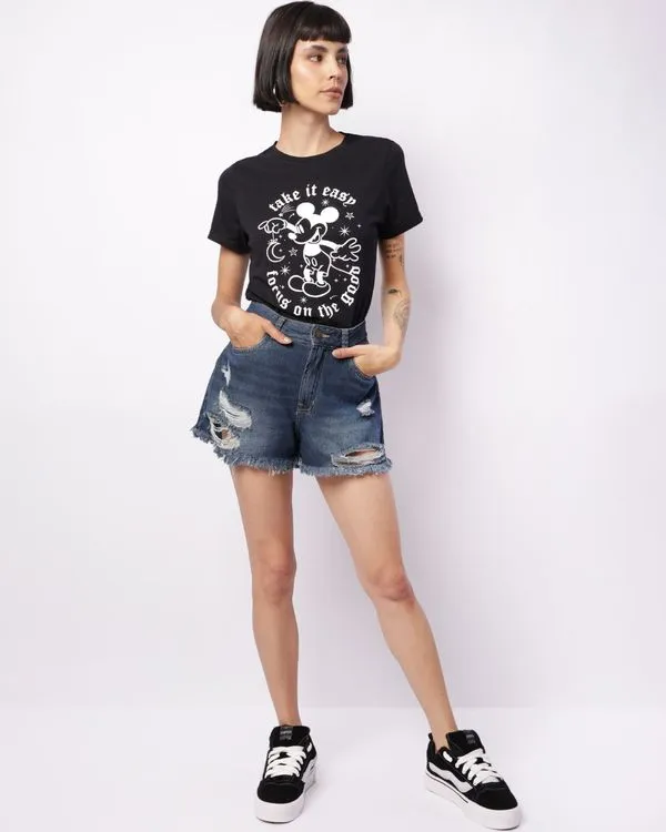 Short Jeans Feminino Curto Barra Desfiada Destroyed Azul 44