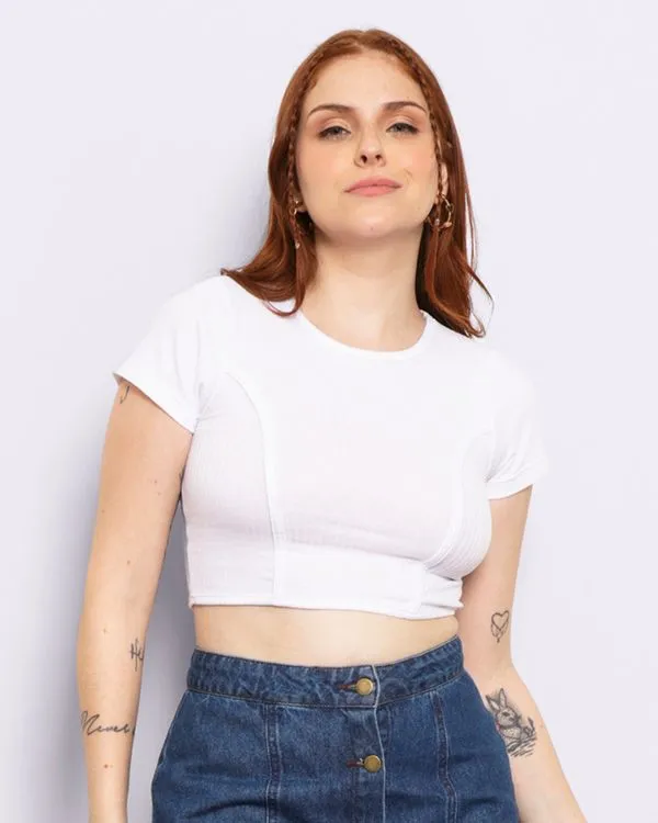 Blusa Feminina Cropped Manga Curta Canelada Branca M