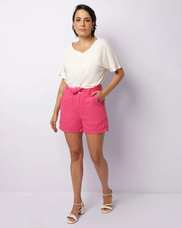 Short Sarja Feminino com Faixa De Amarração Rosa 46