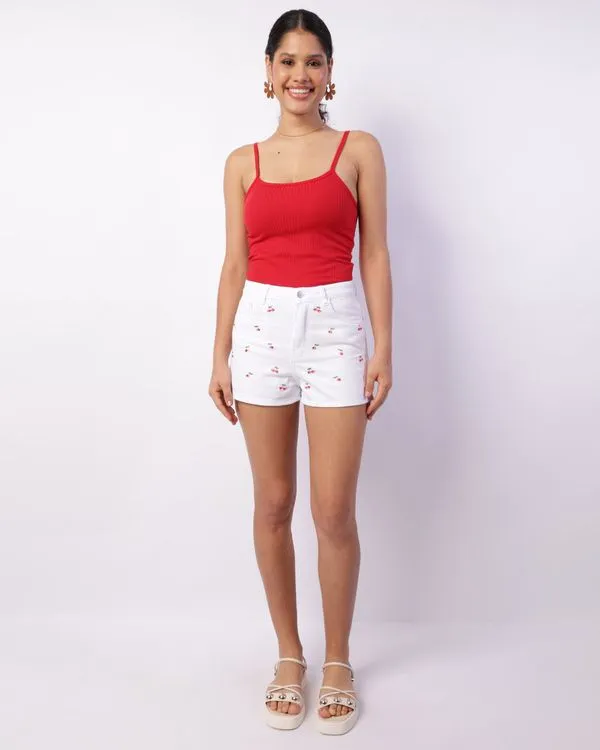 Short Sarja Feminino Curto Mom Vizzy Cereja Branco 34