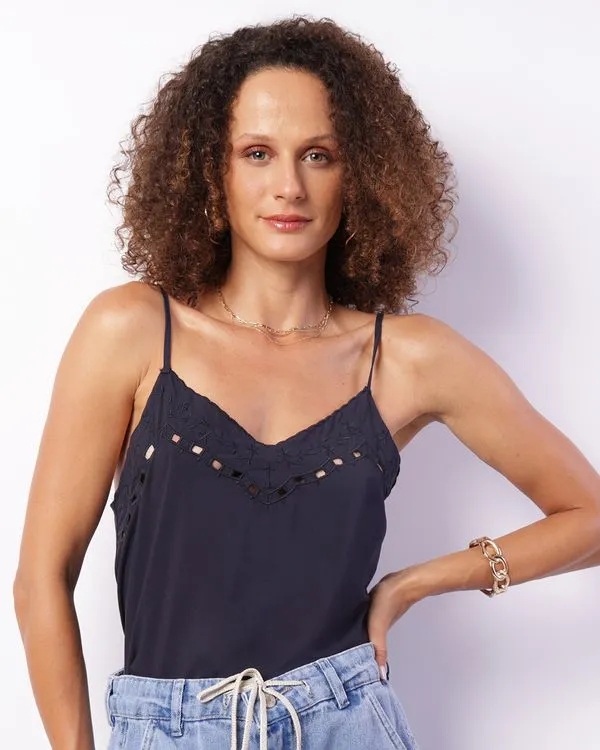 Regata Feminina Viscose Bordado Com Entremeio Marinho M