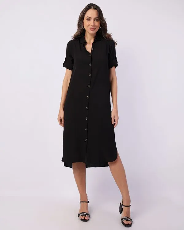 Vestido Feminino Chemise Midi Berry & Co. com Botões Preto GG