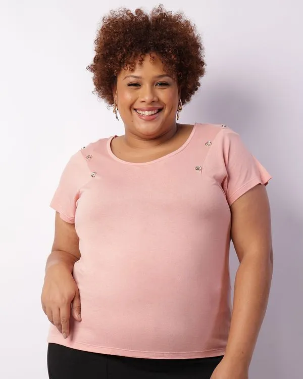 Blusa Plus Size Feminina Manga Curta Botões Decorativo Rosa G1