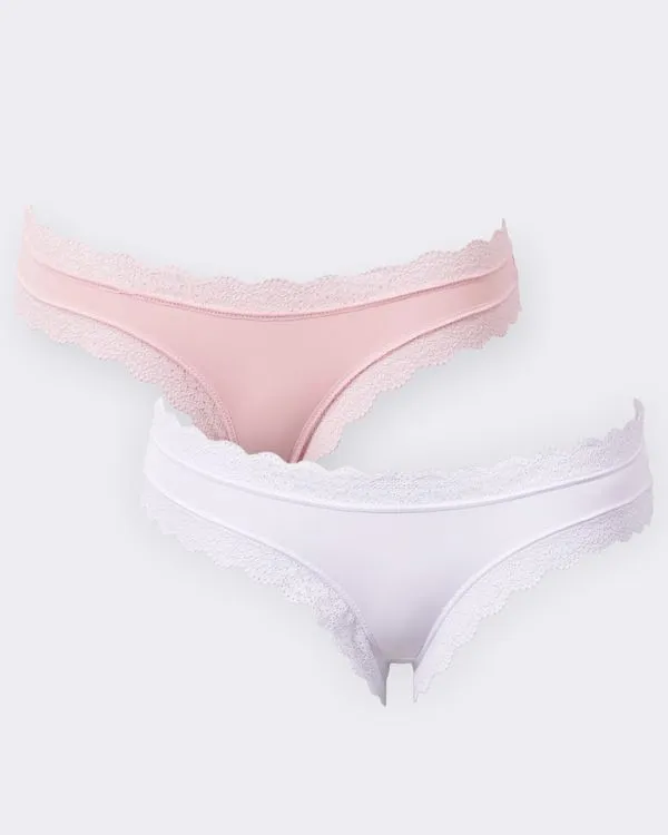 Kit 2 Calcinhas Feminina Biquíni Poliamida com Renda Rosa e Branca P