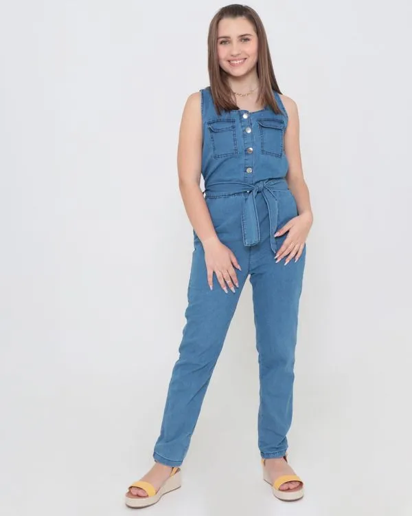 Macacão Jeans Juvenil Com Faixa Denim Azul 10