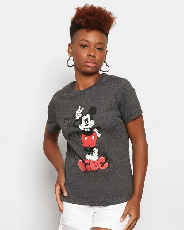 Camiseta Feminina Disney Mickey Manga Curta Mescla Cinza M
