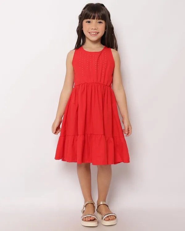 Vestido Infantil Curto Algodão com Strass Laço nas Costas Vermelho 6
