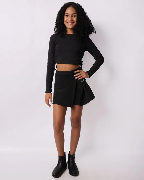 Short Saia Juvenil Curto Com Prega Fivela Preto 16