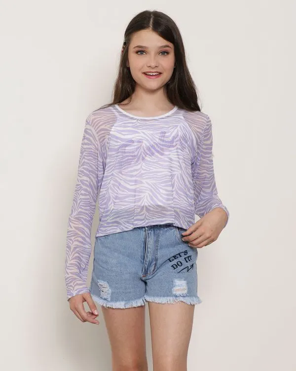 Blusa Juvenil Sobreposição Tule Animal Print Branca e Lilás 12