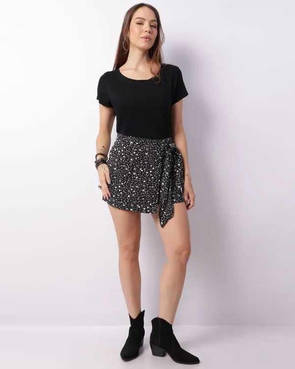 Short Saia Feminino Curta Viscose Estampa Floral Preta PP