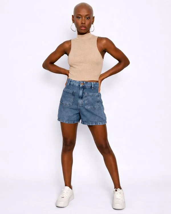 Regata Feminina Cropped Canelada Gola Alta Bege P