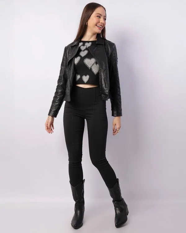 Calça Legging Feminina Com Frisos Preta GG