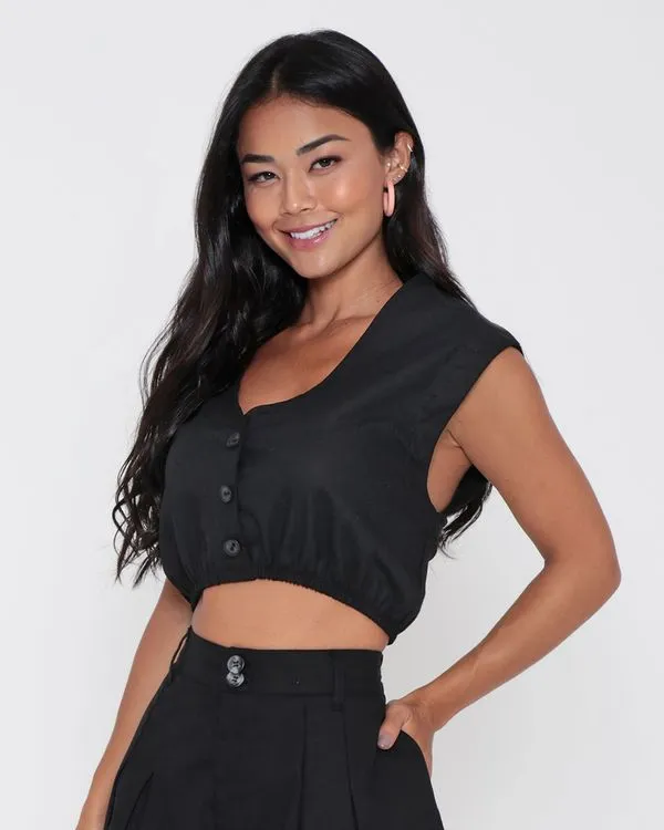 Blusa Cropped Linho Preta G