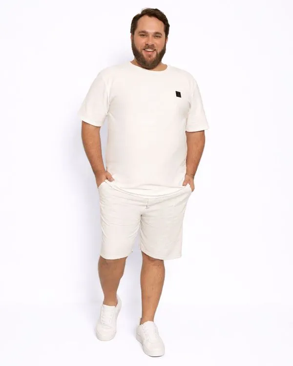 Bermuda Plus Size Masculina Moletinho Reta Com Recortes Off White G2