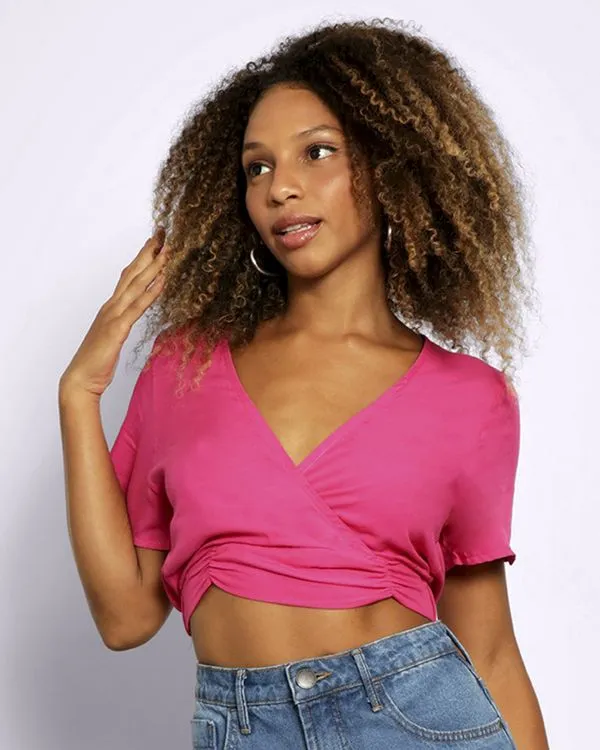 Blusa Feminina Cropped Manga Curta Viscose Rosa P