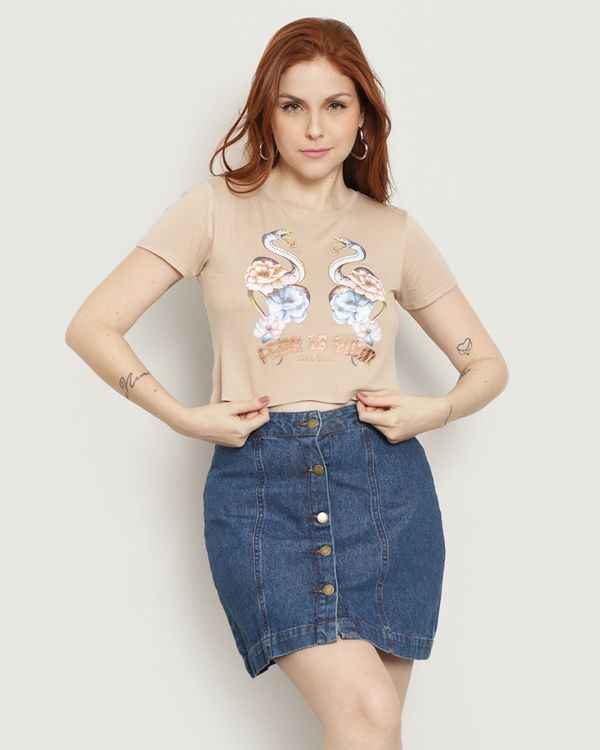 Blusa Feminina Cropped Manga Curta Estampa Flores Bege G