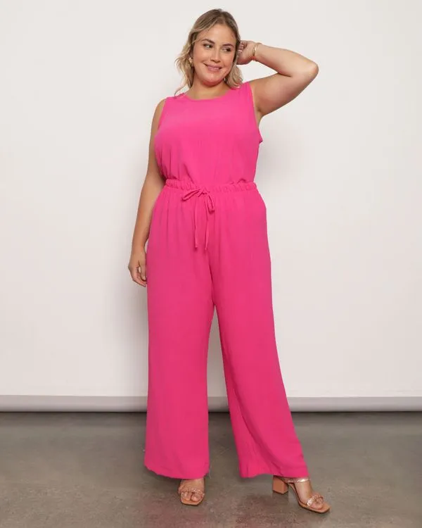 Calça Plus Size Feminina Pantalona Texturizada Com Cordão Rosa G1